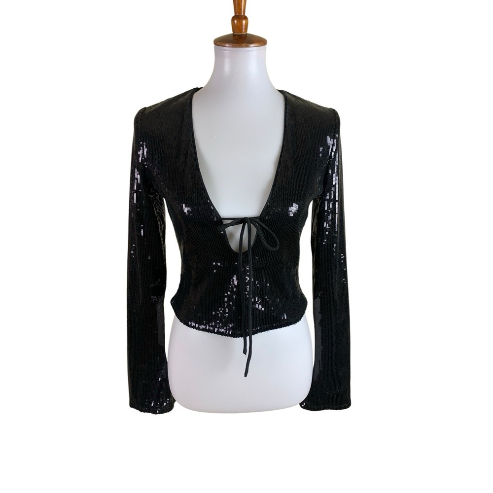 Runaway The Label Black Sequin Tie Front Plunge Party Crop Top Small
